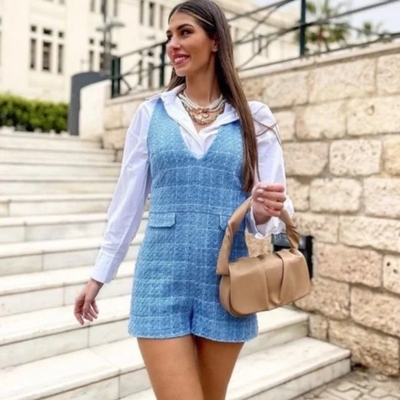 Zara Blue Tweed V-Neck Romper Blogger Favorite - Picture 8 of 8